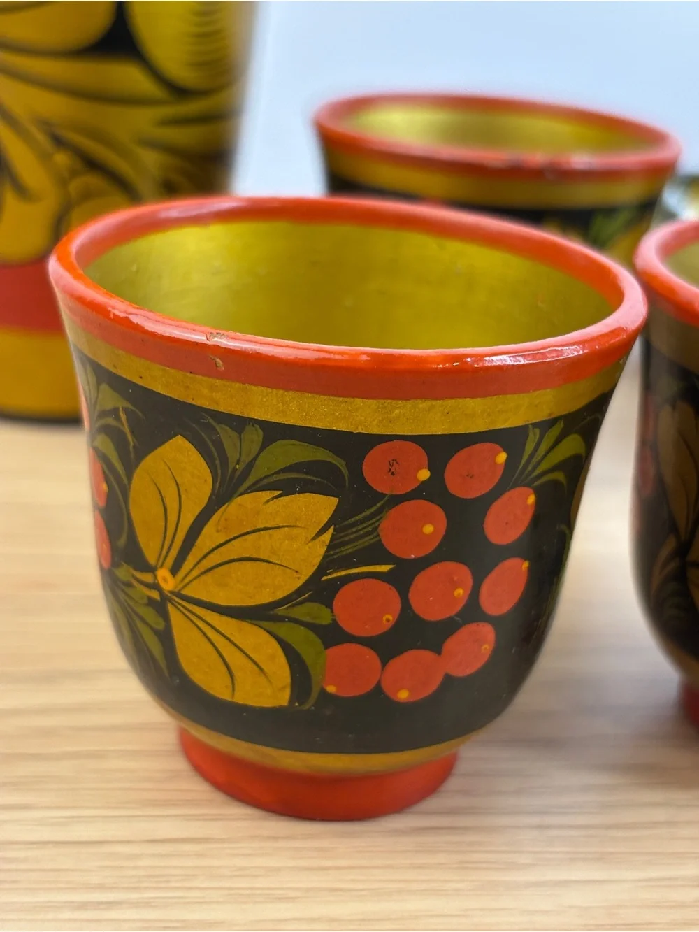 Traditional Russian Khokhloma Painted Wood Folk Art Style Cup/Spoon Set Red/Gold